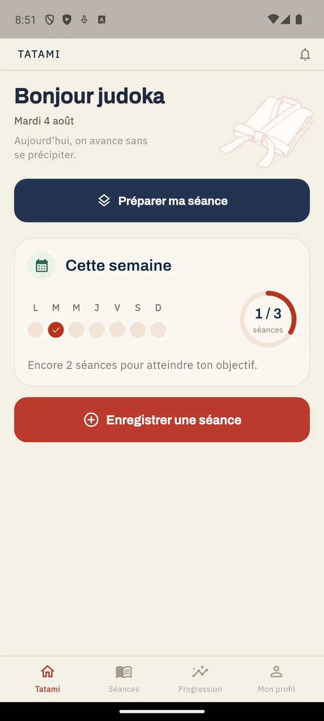 Écran d'accueil « Tatami » de l'application Judo Progress